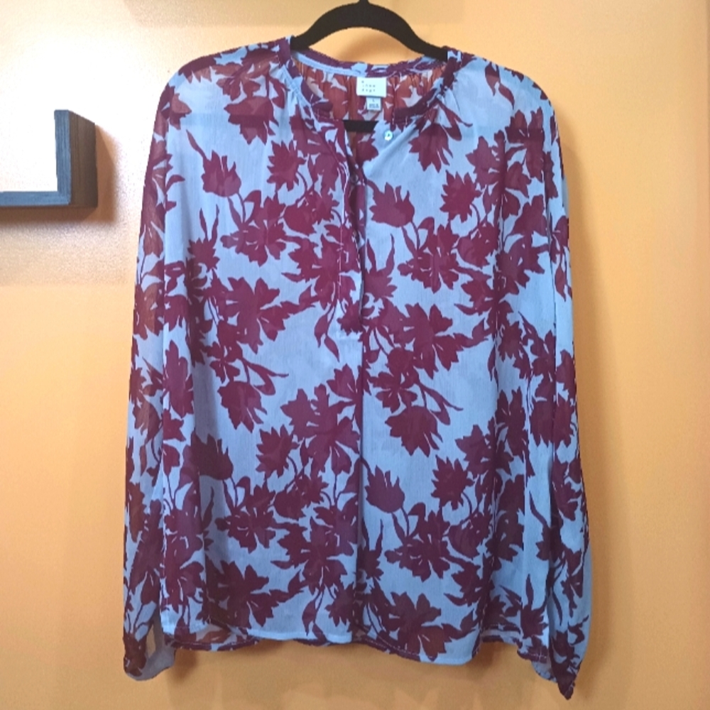 A New Day Maroon & Light Gray Long Sleeve Front Button Semi Sheer Top Size L